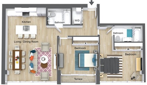 Floor plan for 2 beds, 2 baths, 1174 sqft